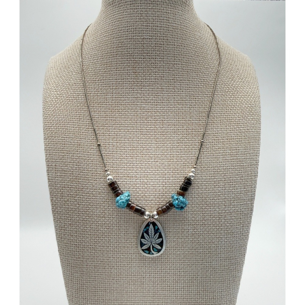Silver Turquoise Brown Heishi Bead Marijuana Leaf Pendant‎ Necklace
